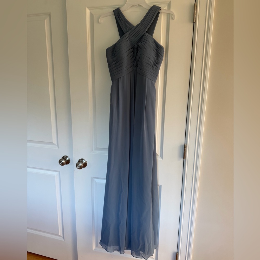 Bill Levkoff dusty blue bridesmaid dress